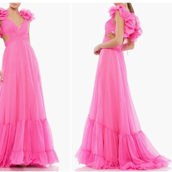 MAC DUGGAL 67911 RUFFLED TIERED CUTOUT CHIFFON STRAPPY BACK HOT PINK GOWN sz 14 - Picture 4 of 4